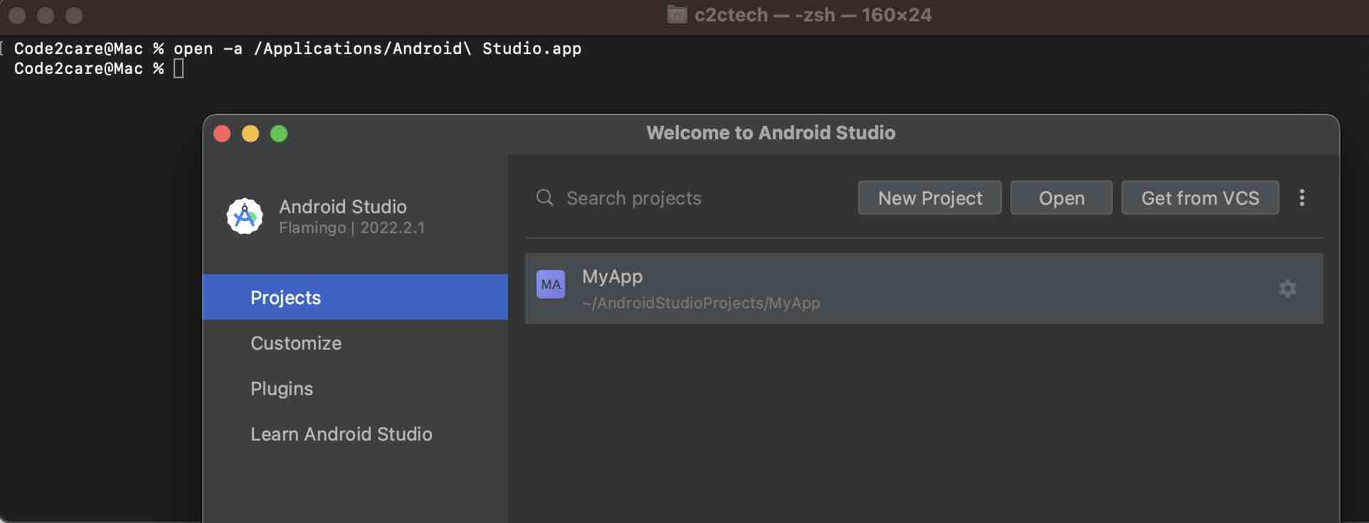 Open Android Studio from Terminal